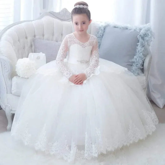 Vestidos de niña blancos con apliques de encaje abullonados y lazo de manga larga para bodas, fiestas de cumpleaños, comuniones, vestidos personalizados con flores. 