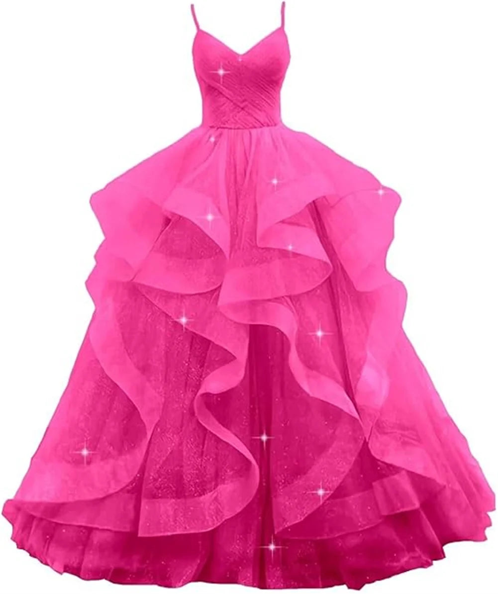 Customized V Neck Glitter Tulle Long Prom Dresses Spaghetti Straps Ball Gown For Women Puffy Tiered Formal Evening Party Dresses