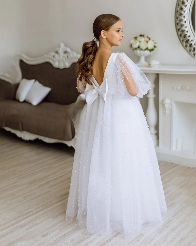 Tüll Schleife Perle Blumenmädchen Kleider Tutu Tüll Satin Junior Brautjungfer Baby Festzug Kleid für Mädchen Ballkleid Party und Hochzeit 