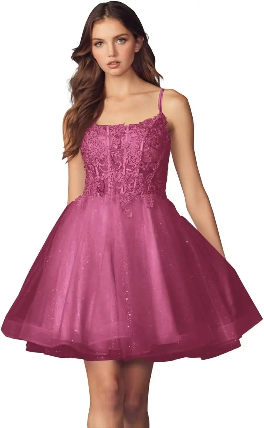 Kurzes Homecoming-Kleid mit Spitzenapplikationen aus Tüll für Teenager mit Spaghettiträgern, Cocktail-, Abschlussball- und Partykleider 