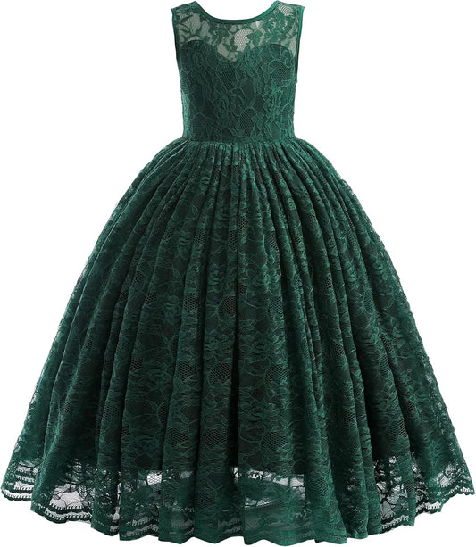 Full Lace Flower Girls Dress Long A Line Bridesmaid Wedding Tulle Dresses Birthday Formal Party Ball Gown girls party dress