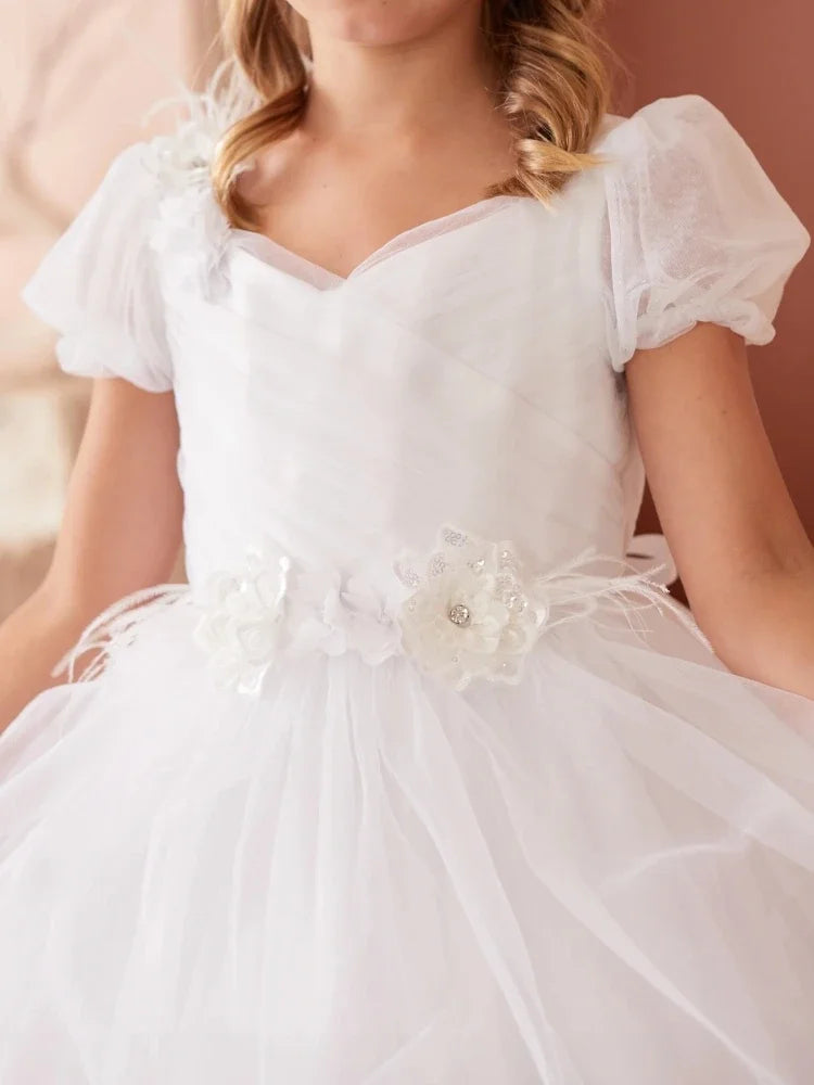 Birthday Party Holy Communion Gowns Customized Flower Girl Dresses Ivory Flowers Appliques With Bow Short Sleeve  For Wedding