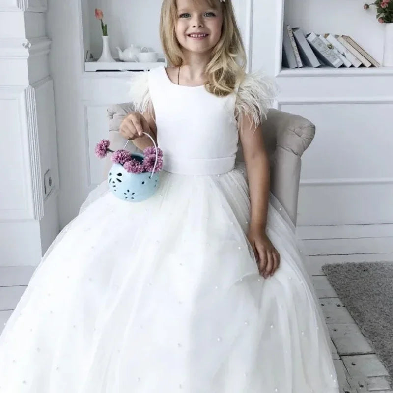 White Tulle Pearls With Bow Feather Sleeveless For Wedding Birthday Party Holy Communion Gowns Customized Flower Girl Dresses