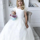 White Tulle Pearls With Bow Feather Sleeveless For Wedding Birthday Party Holy Communion Gowns Customized Flower Girl Dresses