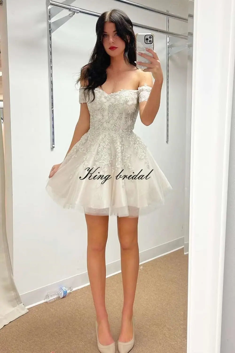 Hübsches kurzes Heimkehrkleid mit Spitzenapplikation für Teenager, glitzernder Tüll, schulterfrei, formelles Abschlussball-Cocktailkleid, Clubkleid 