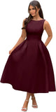 Vestidos de fiesta de satén con cuello barco y midi, largos hasta la rodilla, espalda escotada, corte en A, vestidos formales de noche para fiesta, vestido de cóctel y fiesta 