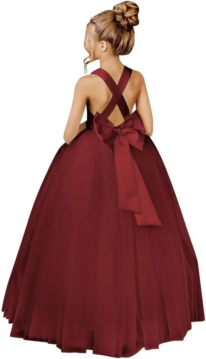 Crossed Straps Flower Girl Dress Satin Long Prom Dress with Bow Puffy Tulle Pageant Dresses for Girls princess dress