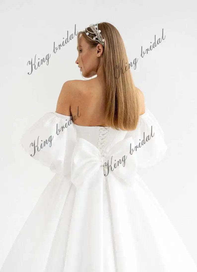 Vestido de novia de satén brillante, vestido de novia personalizado, vestido de novia con corsé y hombros descubiertos, vestido de novia con falda de burbuja 