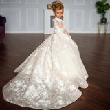 Apliques de encaje floral largo hasta el suelo, vestido de princesa para fiesta de cumpleaños infantil, comunión, vestidos blancos para niña de las flores para boda 
