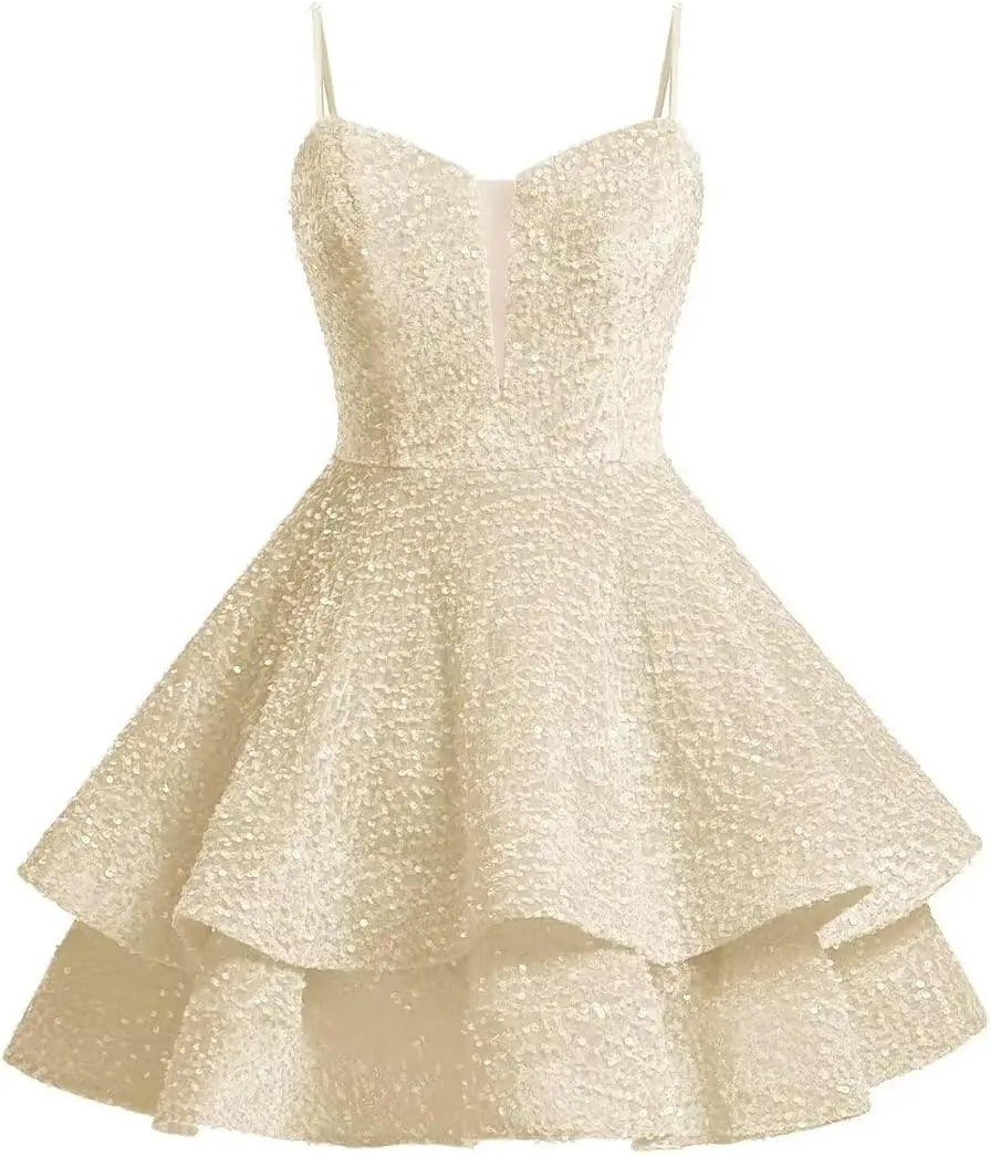 Vestidos de fiesta cortos con lentejuelas brillantes para adolescentes, de Pretty Girls Club, 2025, con tirantes finos, minivestido de cóctel formal con capas 