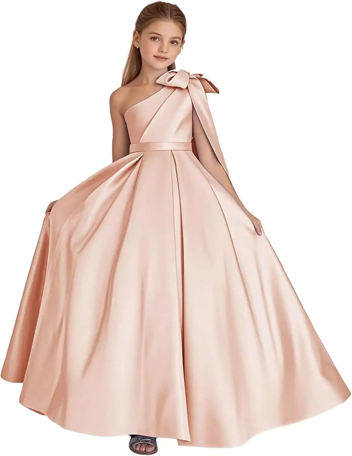 One-Shoulder-Satin-Blumenmädchenkleider, lange Festzugskleider für Mädchen, Ballkleid mit Schleife, Prinzessinnenkleid, Partykleider