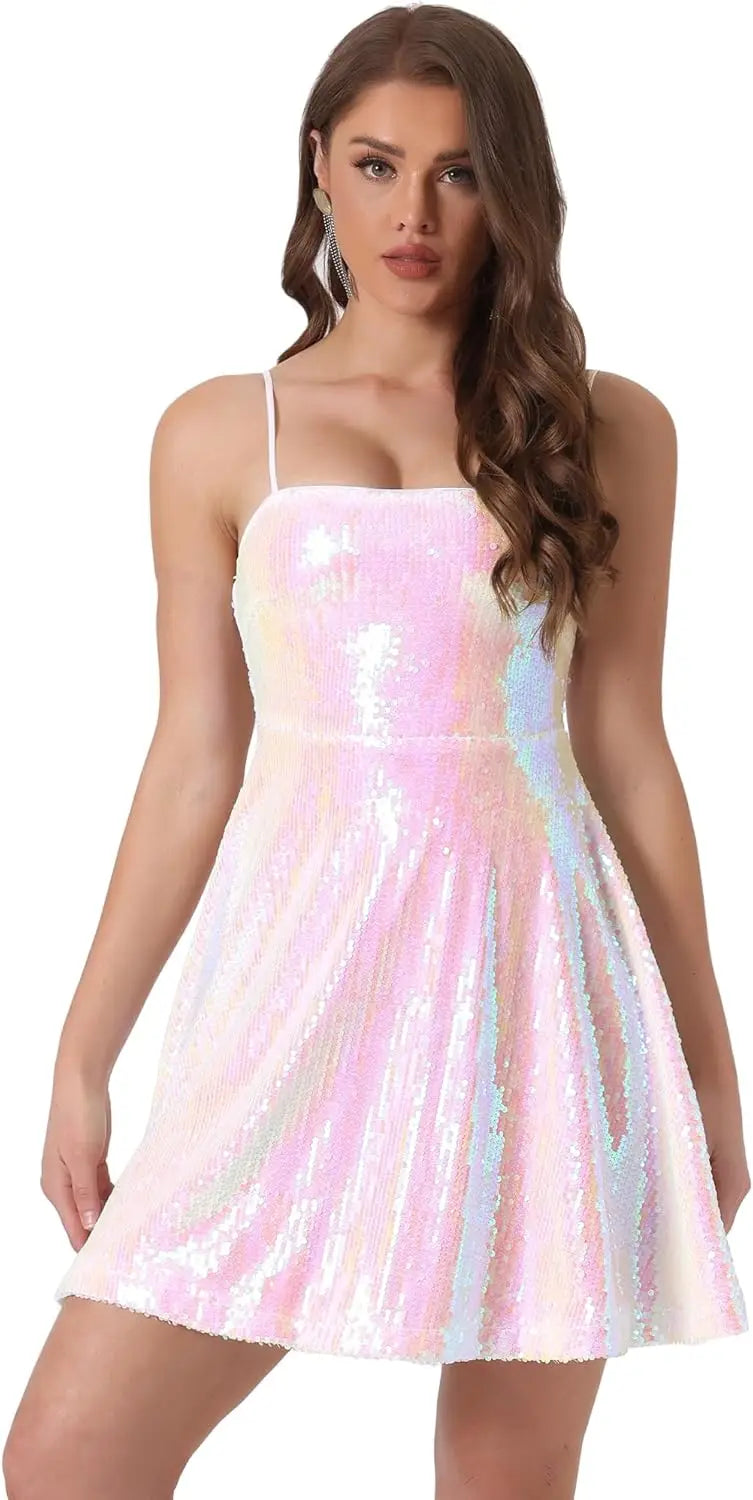 Vestido corto de fiesta con lentejuelas brillantes para mujer, sexy, con tirantes finos, sin mangas, para discoteca, graduación y baile de graduación. 