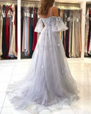 Lace Applique Tulle Prom Dresses Off Shoulder Puffy Sleeves Wedding Dress Long Women Sweetheart A Line Evening Gowns