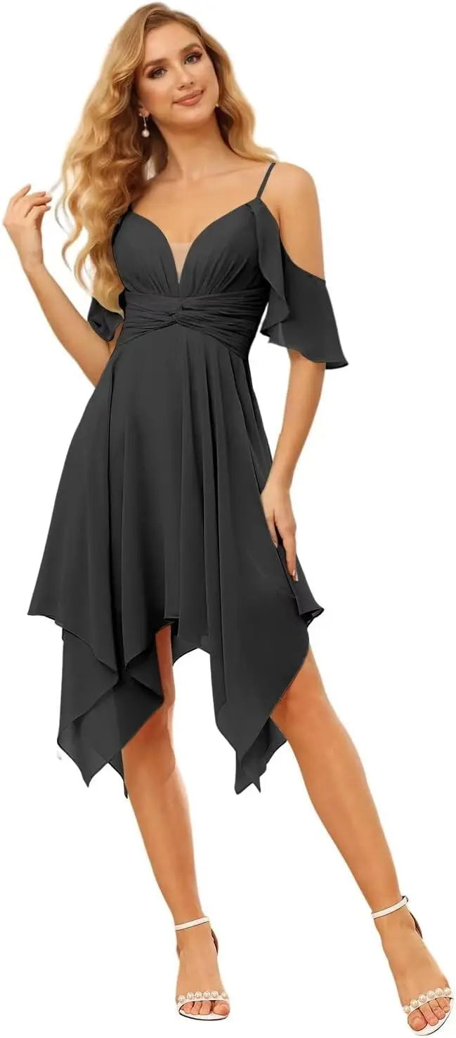 Women's Off Shoulder Chiffon Junior Bridesmaid Dresses Short Pockets Ruffle A Line Formal Dresses with Slit Wedding Party Gown
