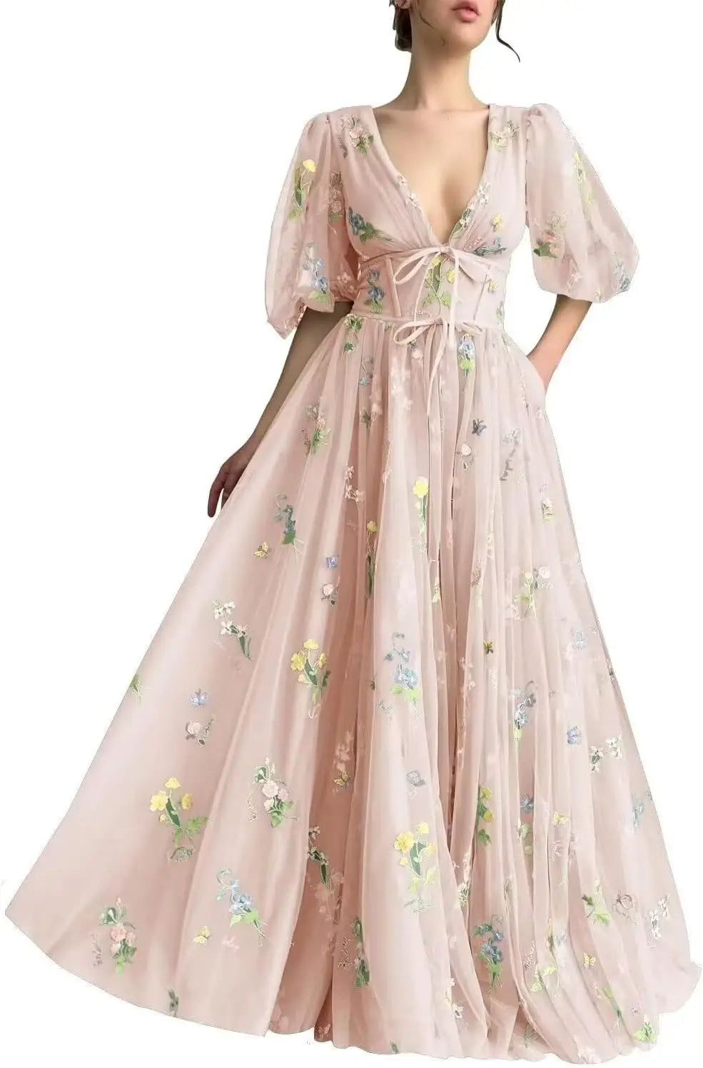 Women's Long Sleeve Flower Embroidery Tulle Prom Dresses Maxi A Line V Neck Fairy Formal Evening Party Gown Bridesmaid Dresses