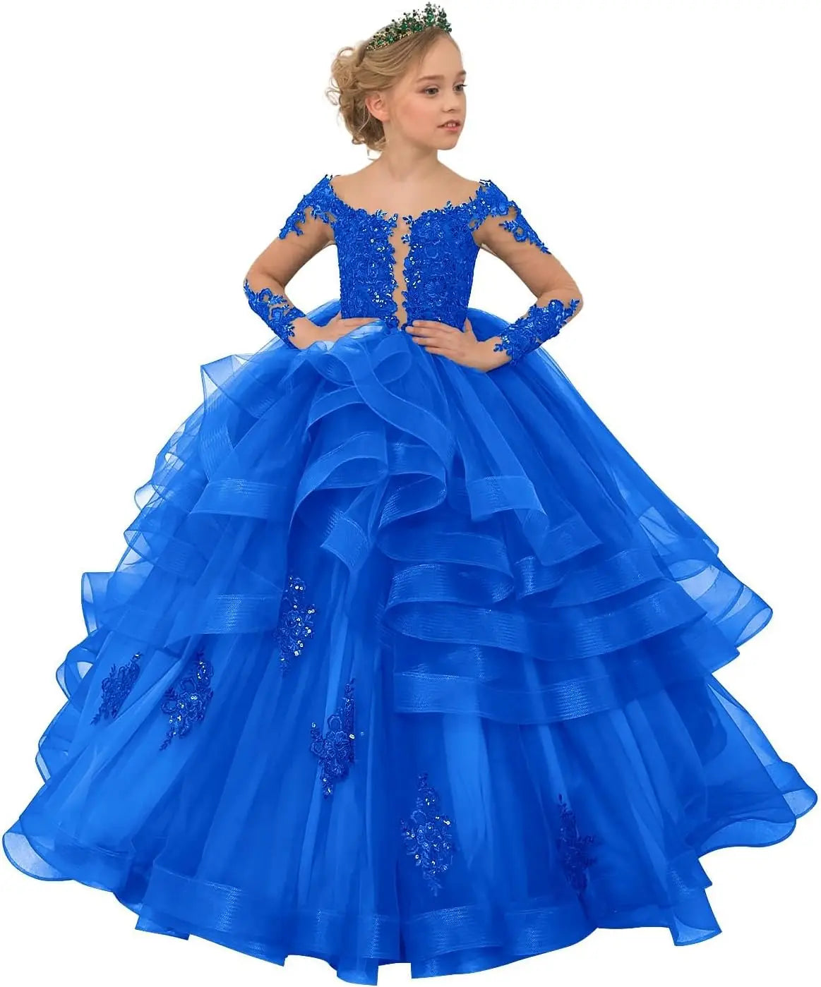 Long Sleeve Flower Girl Dresses Laces Applique Beaded Princess Pageant Dress Beaded Ruffle Tulle Kids Prom Party Gown