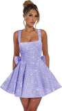 Vestidos de fiesta de graduación con lentejuelas brillantes para adolescentes, con lazo, cortos y abullonados.