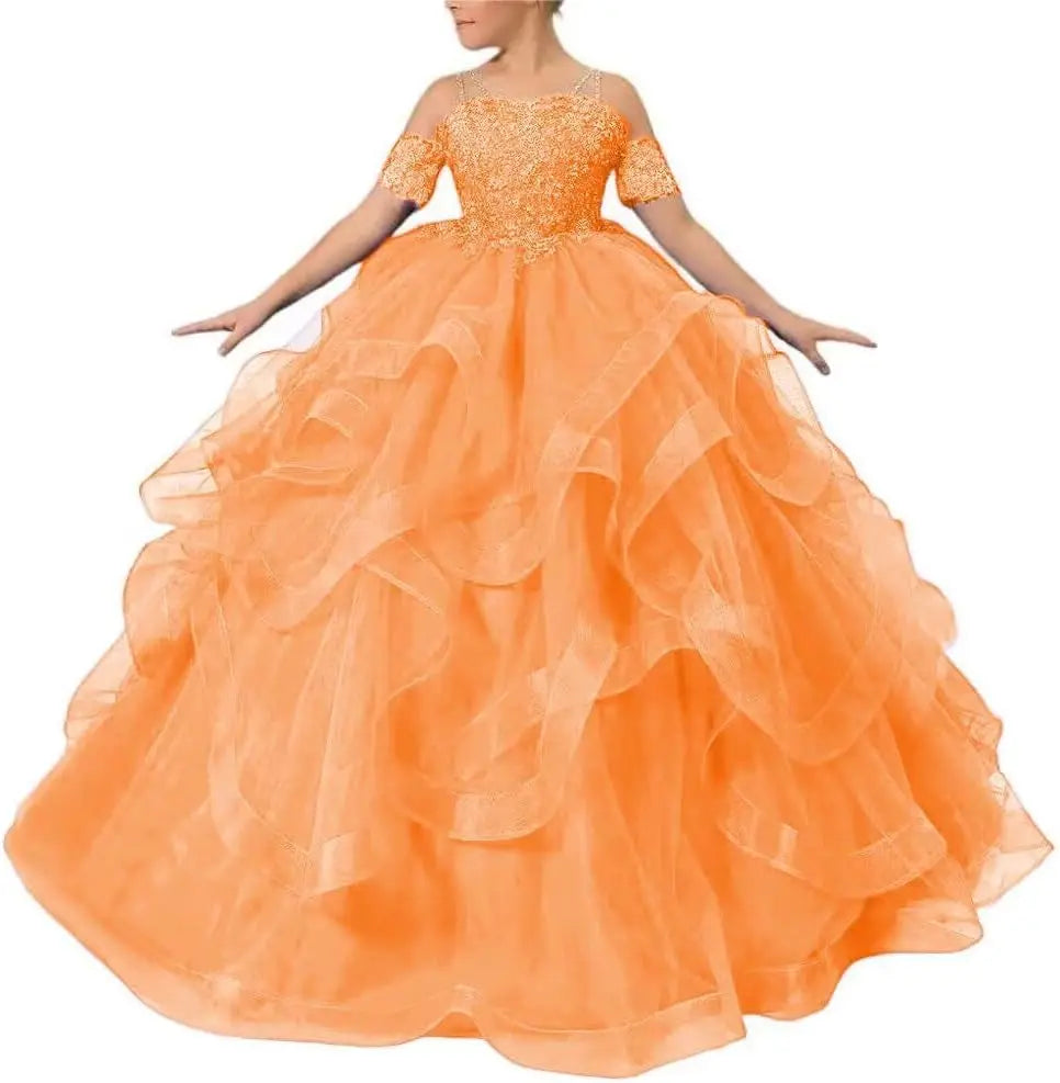 Vestidos de desfile de princesas para niñas de flores 2026 con encaje bordado, tallas grandes, tul en capas, vestidos de primera comunión para niñas. 