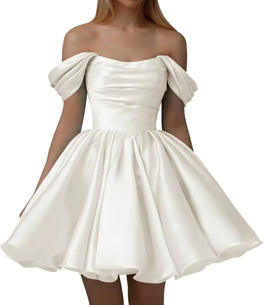 Damen Schulterfreies Satin-Heimkehrkleid A-Linie Kurzes plissiertes trägerloses Ballkleid für Hochzeitskleidparty 