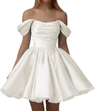 Vestidos de fiesta de satén con hombros descubiertos para mujer, corte A, cortos, plisados, sin tirantes, para boda y fiesta. 