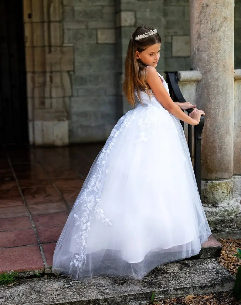 Langes elfenbeinfarbenes Blumenmädchenkleid, bodenlanges Kinderkleid, Spitzen-Tüllrock, Erstkommunionkleid, Ballkleid mit Applikationen 