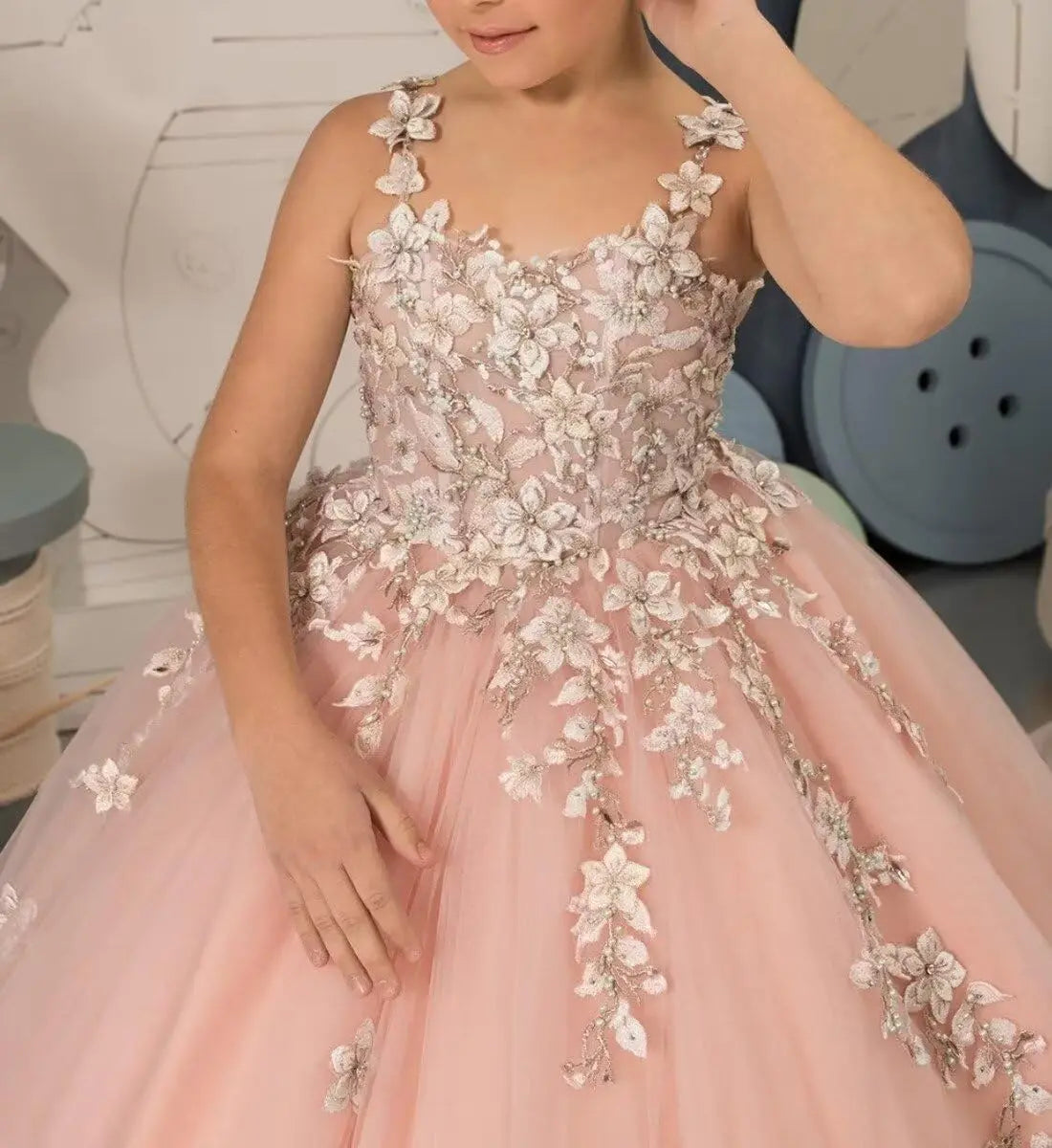 Tulle Flower Girl Dresses for Wedding Floral Appliques Princess Pageant Dress Girls Birthday Party Ball Gown