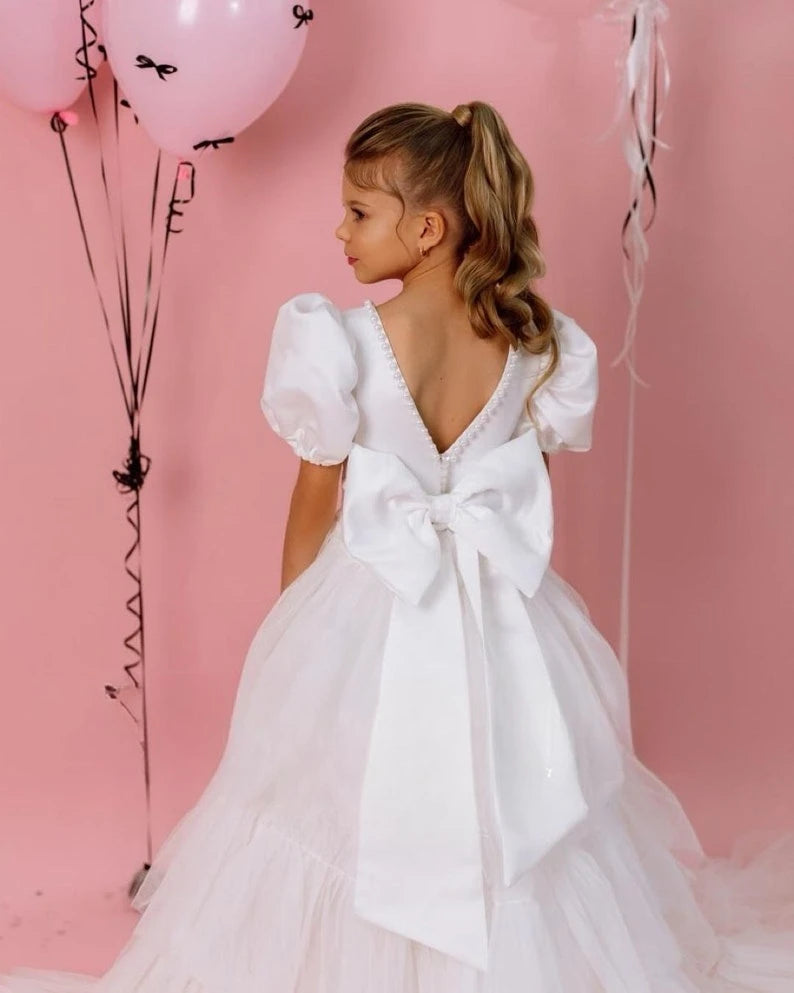 Bow girl Junior bridesmaid Satin flower girl dresses Pearl toddler party Dress with train Tulle Girl party princess dress