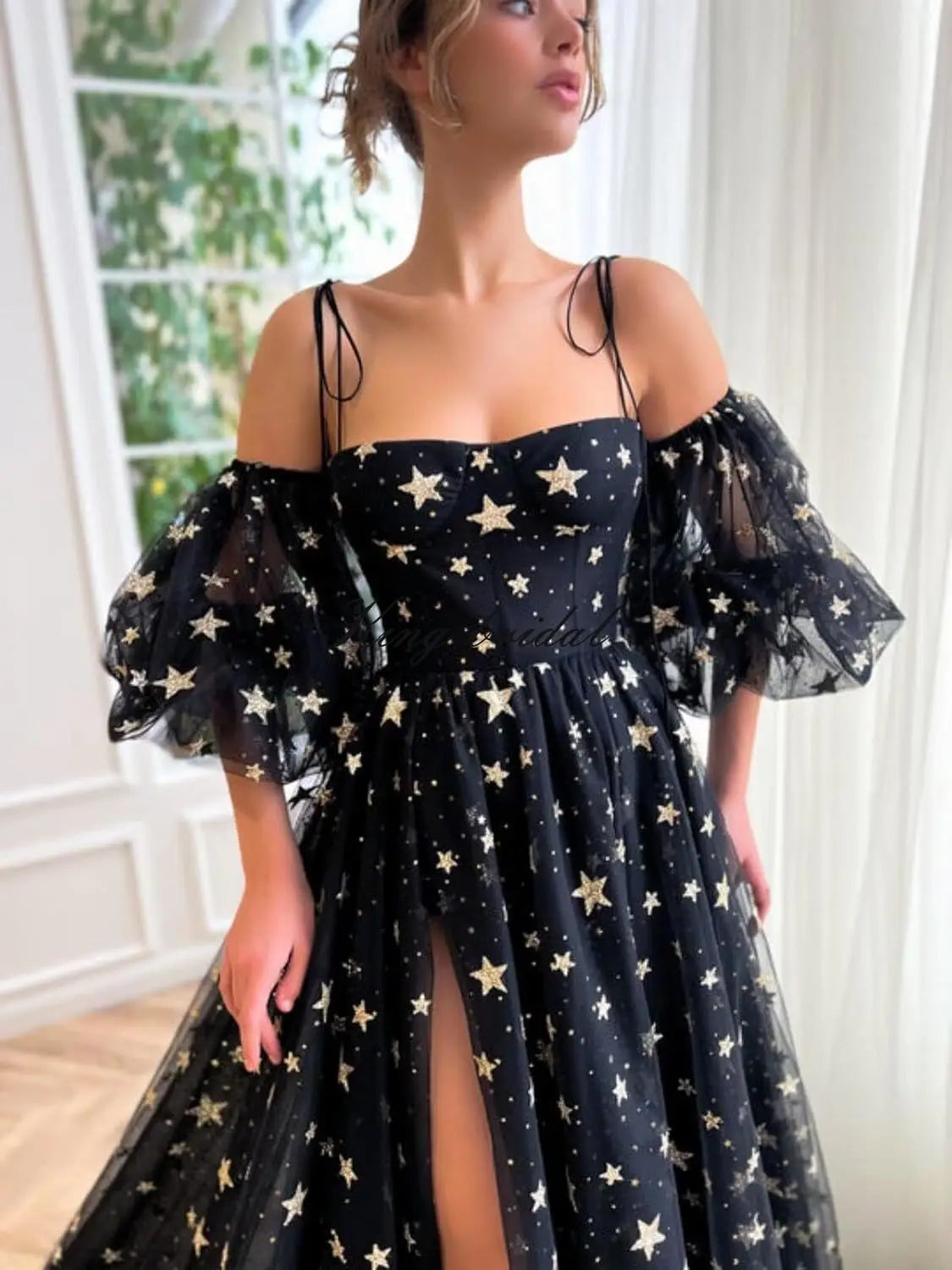 Sparkly Starry Tulle Prom Dresses for Women Slit Long Puffy Sleeve Glitter Star Formal Evening Party Gown Junior Bridesmaid Gown