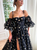 Sparkly Starry Tulle Prom Dresses for Women Slit Long Puffy Sleeve Glitter Star Formal Evening Party Gown Junior Bridesmaid Gown