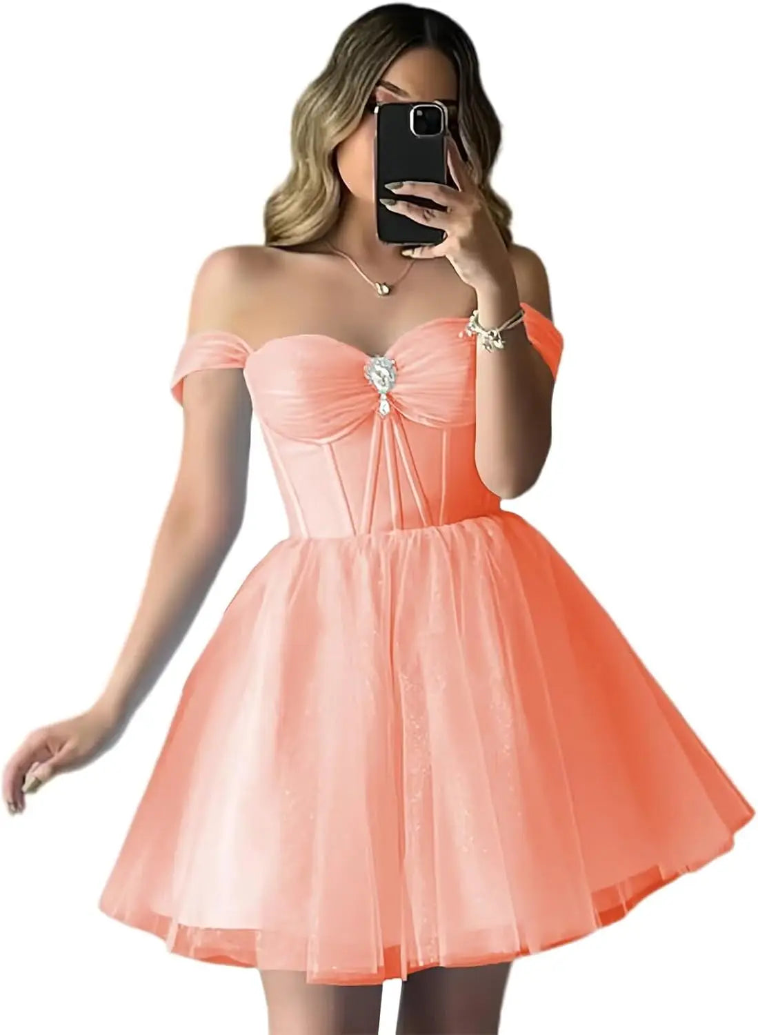 Vestidos de fiesta de tul brillante con hombros descubiertos, vestidos de fiesta cortos para adolescentes, vestido de cóctel de corte A con escote en forma de corazón y vuelo. 