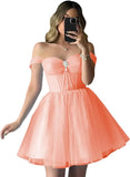 Vestidos de fiesta de tul brillante con hombros descubiertos, vestidos de fiesta cortos para adolescentes, vestido de cóctel de corte A con escote en forma de corazón y vuelo. 