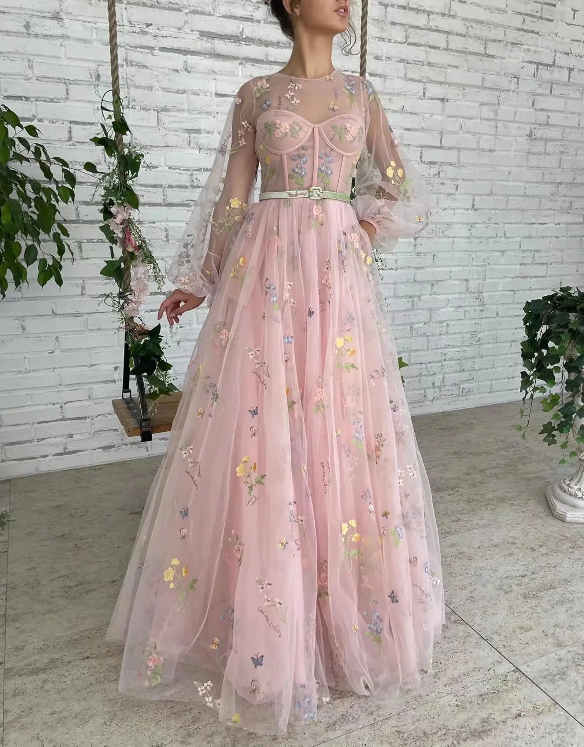 Women's Puffy Sleeve Tulle Prom Dresses Flower Embroidery Long Formal Evening Party Gowns with Pockets
