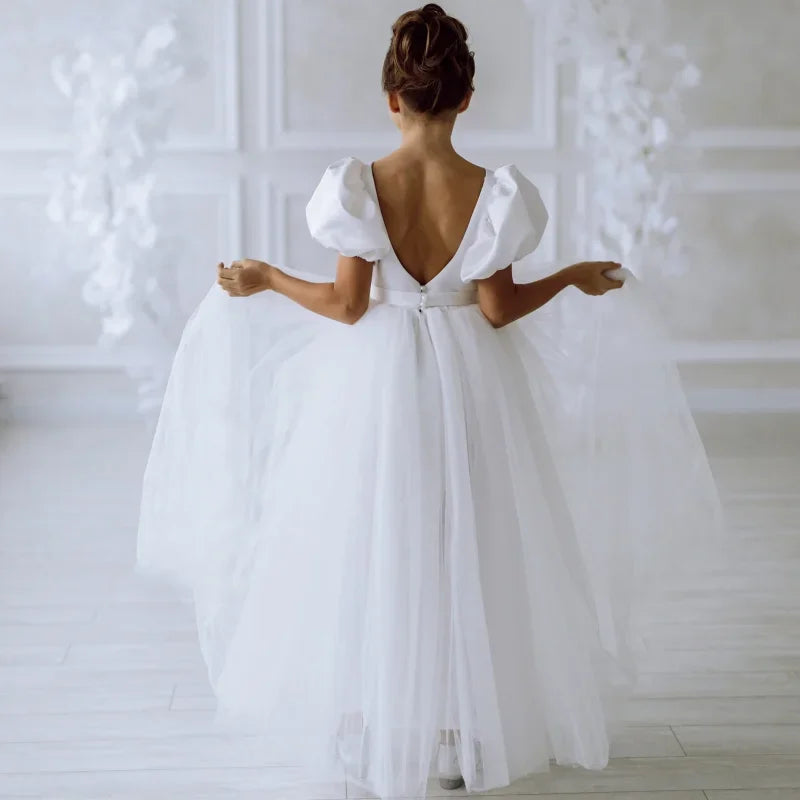 Prinzessin Kleid Blumenmädchen Kleider Weiß Tüll Satin Kurzarm Für Hochzeit Geburtstag Party Ball Bankett Prinzessin Kleider 