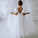 Prinzessin Kleid Blumenmädchen Kleider Weiß Tüll Satin Kurzarm Für Hochzeit Geburtstag Party Ball Bankett Prinzessin Kleider 