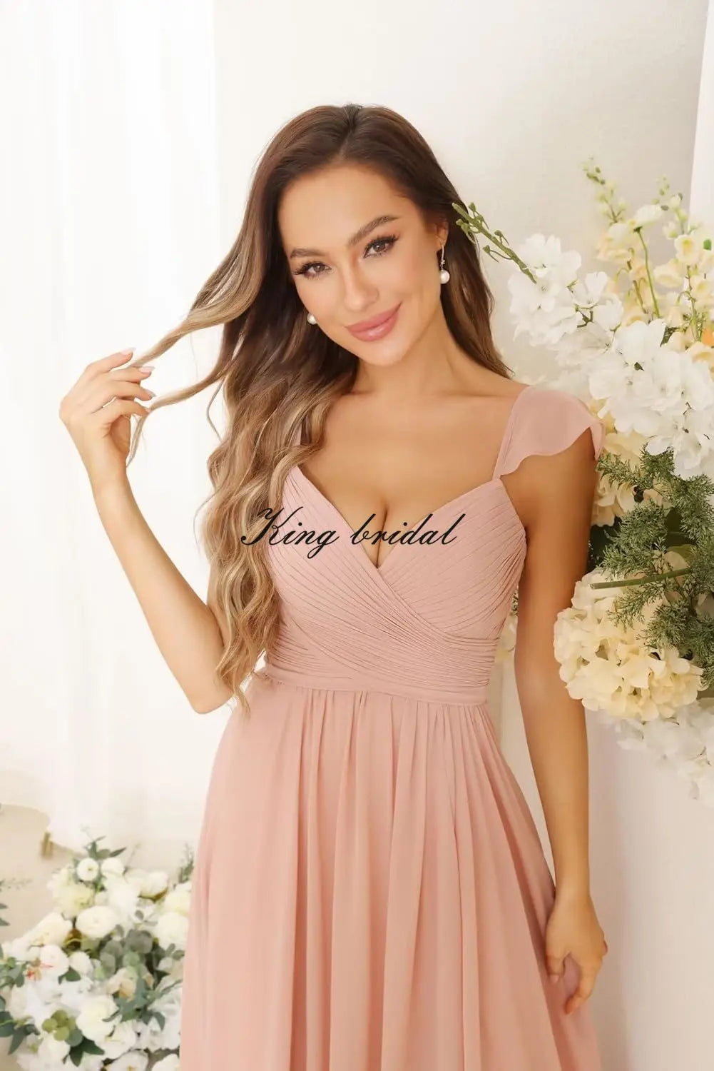 Women's Cap Sleeves Chiffon Bridesmaid Dresses Long with Pockets Ruffle Formal Evening Dresses with Slit Wedding Party Gowns