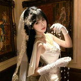 White Ivory Red Black Bridal Veil Lace Short Elbow Wedding Tulle Appliques Embroidery Edge Long Cathedral Bride Veils 1.4M 265cm