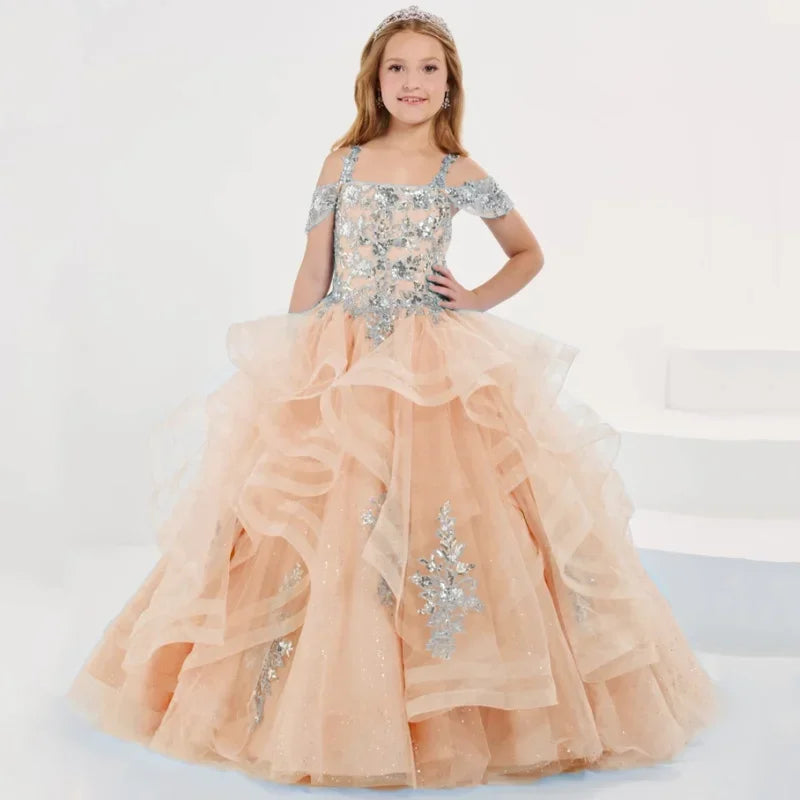 Vestidos de princesa sin mangas para bodas, fiestas de cumpleaños, banquetes, vestidos de niña de las flores, tul azul cielo, apliques florales plateados escalonados 