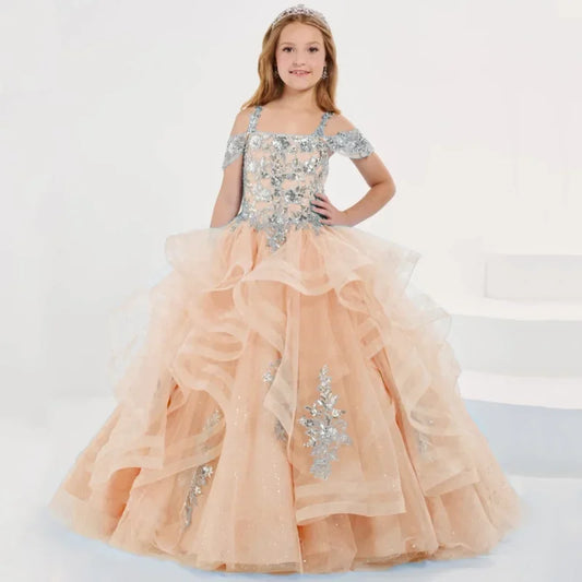Vestidos de princesa sin mangas para bodas, fiestas de cumpleaños, banquetes, vestidos de niña de las flores, tul azul cielo, apliques florales plateados escalonados 