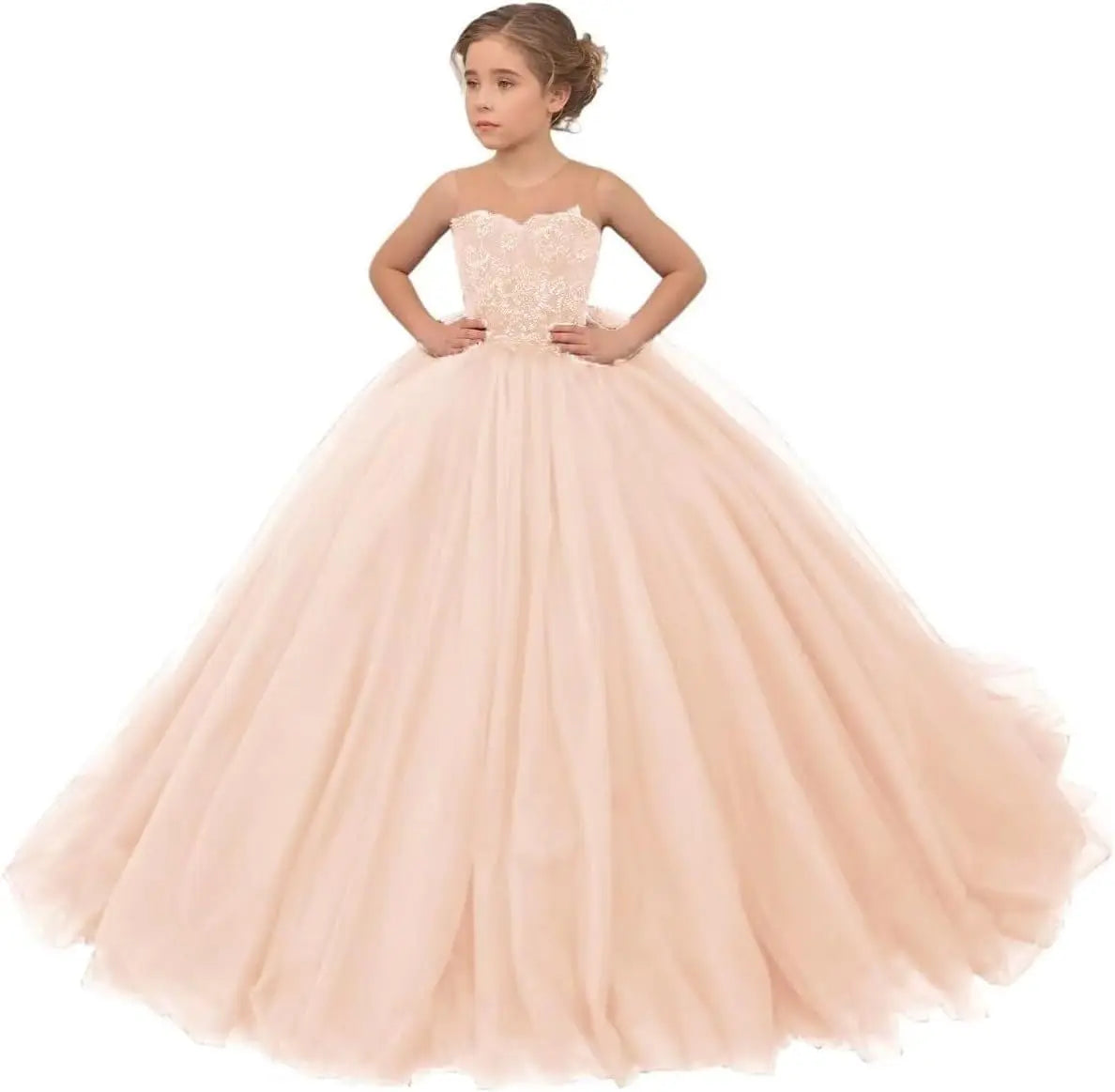 Tulle Flower Girls Dresses Lace Appliques Long Formal Princess Wedding Pageant Ball Gowns for Children