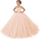 Tulle Flower Girls Dresses Lace Appliques Long Formal Princess Wedding Pageant Ball Gowns for Children