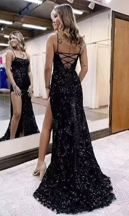 Vestidos de fiesta de sirena con lentejuelas brillantes para mujer, tirantes finos, vestido largo formal de noche con abertura, vestido de fiesta de boda 