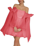 Vestidos de fiesta de organza con hombros descubiertos y lazo, de manga larga, para graduación, de corte A, formales, para cóctel o fiesta. 