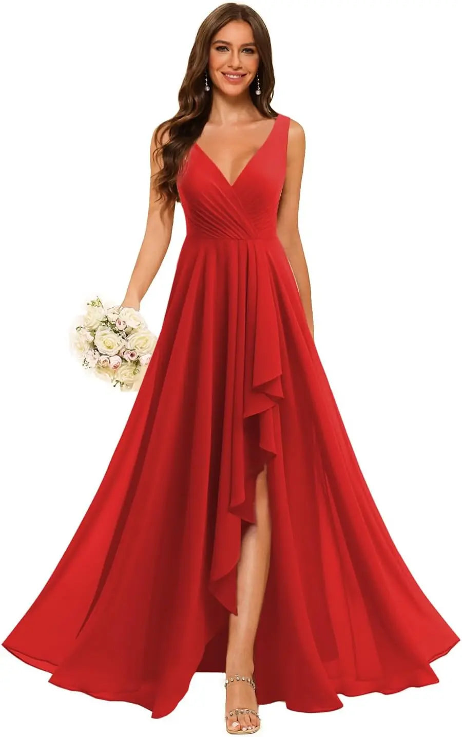 Women's V Neck Bridesmaid Dresses with Slit 2025 Chiffon A-line Formal Evening Gowns with Pockets bridesmaid dress for weddings