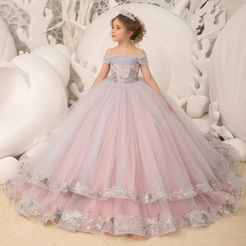 Geburtstagsbankett Prinzessinnenkleider Blumenmädchenkleider Hellviolett Tüll Puffy Mit Gemusterten Applikationen Ärmellos Für Die Hochzeit