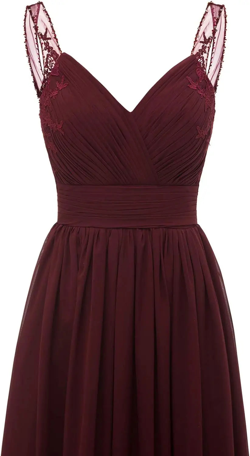 Chiffon-Spitze Brautjungfernkleider lang für Damen V-Ausschnitt Plissee Tüll Träger A-Linie Abschlussball Abend Hochzeit formelle Kleider 