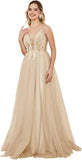 Vestidos de fiesta de tul con escote en V profundo para mujer, tirantes finos, apliques de encaje, vestidos de noche largos de corte A 