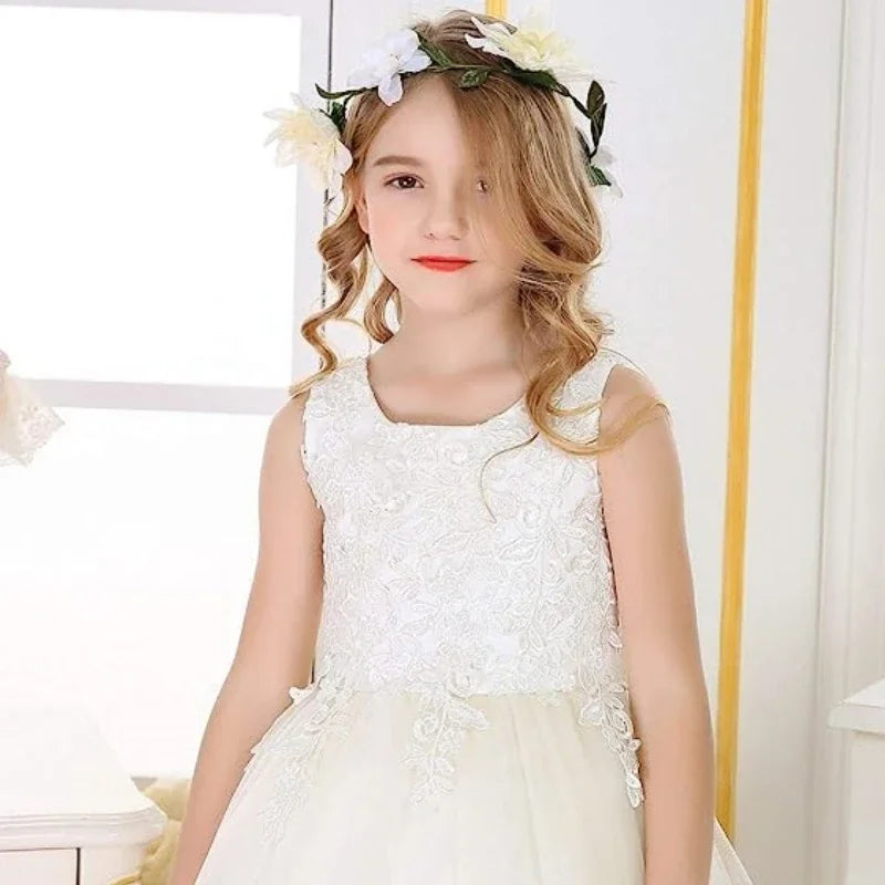 Ivory Tulle Puffy Applique With Big Bow Sleeveless For Wedding Birthday Banquet First Communion Dresses Flower Girl Dresses