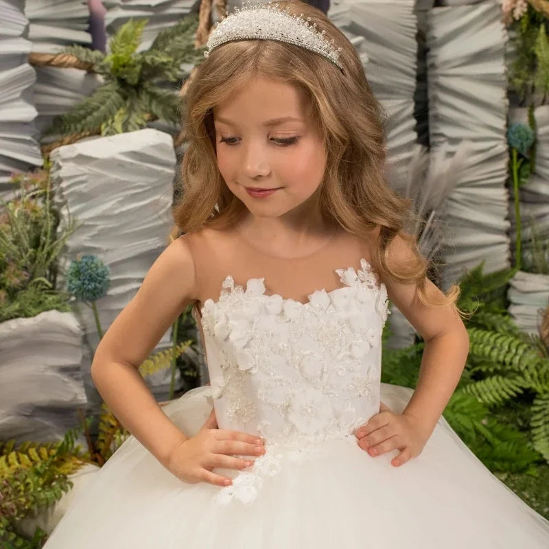 Vestidos de primera comunión para banquetes de cumpleaños, vestidos de niña de las flores de tul blanco con estampado floral abullonado, sin mangas para boda 