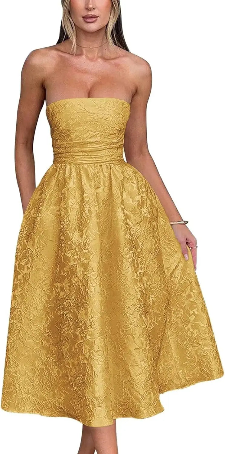 Vestido de fiesta de satén jacquard floral, largo hasta la rodilla, corte A, sin tirantes, con corsé, para dama de honor, para fiesta de noche formal 