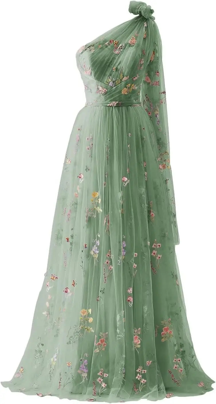 Vestidos de fiesta de tul para mujer con bordado de flores, corte A, largo hasta el suelo, vestidos formales de noche para fiesta 